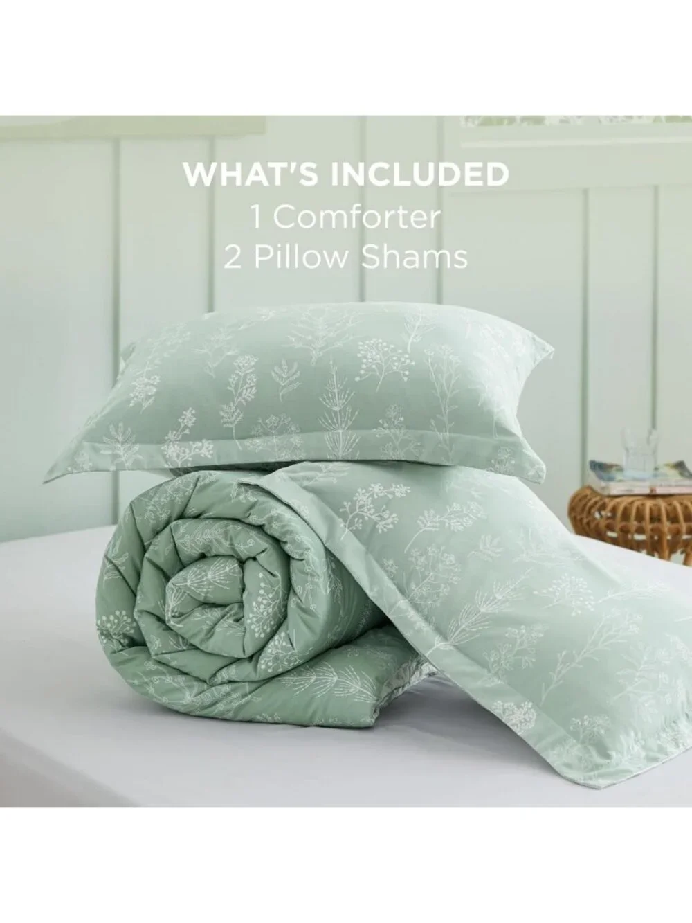 Sage Green Floral Queen Comforter Set - 3 Piece Lightweight Bedding, Reversible